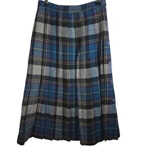 Vintage 70's Marilyn Togs Tartan Plaid Blue Mid 1" Pleat Knee Length MIdi Skirt